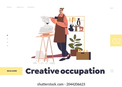 Concepto de ocupación creativa de la página de aterrizaje con escultura de escultura de busto de escultor masculino en estudio de arte. Artista trabajando. La actividad artística y el ocio del hobby. Dibujo vectorial plano de dibujos animados