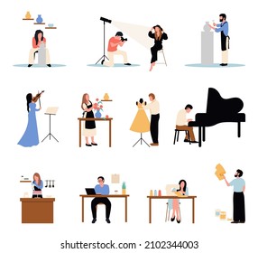 Creative occupation set. Designer and artist at work, dancer. Collection of male and female art, handicraft and creative workers or professionals.