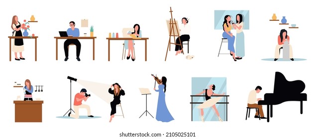 Creative occupation set. Designer and artist at work, dancer. Collection of male and female art, handicraft and creative workers or professionals.