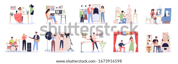 Creative occupation set.\
Designer and artist at work, dancer and musician. Collection of\
hobby and modern profession. Isolated vector illustration in\
cartoon style