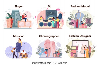 Creative occupation set. Fashion designer and dj at work, dancer and musician. Collection of hobby and modern profession. Isolated vector illustration in cartoon style