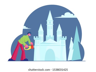 Creative Occupation and Working Process of Man with Chainsaw Creating Wonderful Ice Medieval Castle for Amusement Park or Snow Sculptures Exhibition, Winter Time Art. Cartoon Flat Vector Illustration