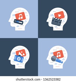 Creative occupations, make video, song writing, audio editor, photography course, vector icon, flat illustration