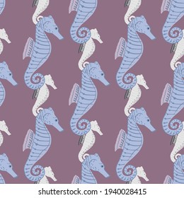 Creative ocean fauna seamless pattern with simple blue seahorse silhouettes. Pale puple background. Designed for fabric design, textile print, wrapping, cover. Vector illustration.