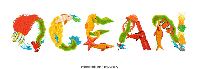 Creative ocean lettering. Unique letters made from fish, seaweed, corals and other sea inhabitants. Horizontal typography poster. Colorful cartoon flat style. Graphic design. Vector illustration