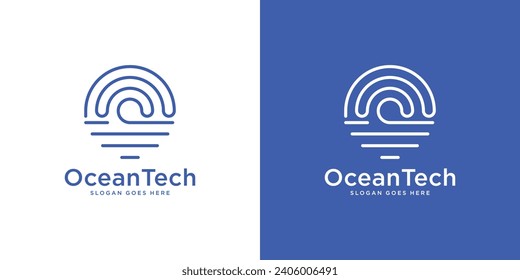 Creative Ocean Tech Logo. Wifi Ocean Sun Signal with Linear Outline Style Icon Symbol Vector Logo Design Template.