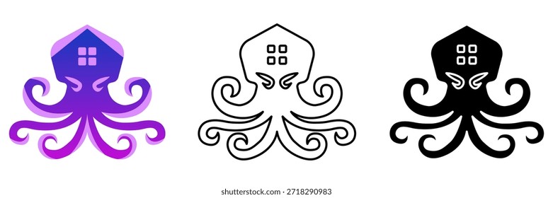 Projeto criativo do logotipo do mascote da casa do polvo com ilustração vetor plana