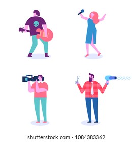 Creative ocupations. Singer, musician, cameraman, hairdresser. Flat vector illustration isolated on white.