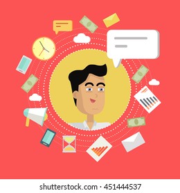 Creative office background. Businessman icon with bubble. Avatars of men with devices for communication. Smiling young man personage in flat on red background. Vector illustration.