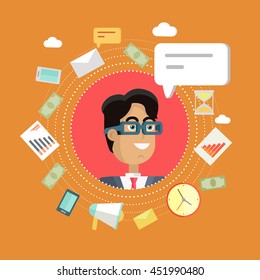 Creative office background. Businessman icon with bubble. Avatars of men with devices for communication. Smiling young man personage in flat on red background. Vector illustration.
