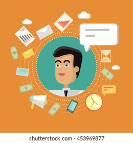 Creative office background. Businessman icon with bubble. Avatars of men with devices for communication. Smiling young man personage in flat on orange background. Vector illustration.