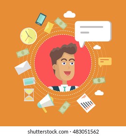 Creative office background. Businessman icon with bubble. Avatars of men with devices for communication. Smiling young man personage in flat on red background. Vector illustration.
