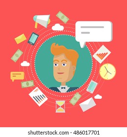 Creative office background. Businessman icon with bubble. Avatars of men with devices for communication. Smiling young man personage in flat on red background. Vector illustration.