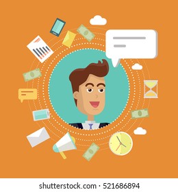 Creative office background. Businessman icon with bubble. Avatars of men with devices for communication. Smiling young man personage in flat on red background. Vector illustration.