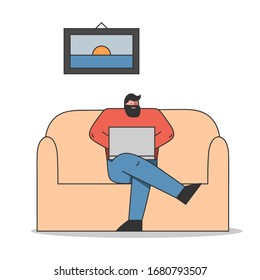 Creative Office Concept. Freelance, Remote Work And Self-Employment. Freelancer Or Businessmen Is Working On Laptop Sitting On The Office Sofa. Cartoon Linear Outline Flat Style. Vector Illustration