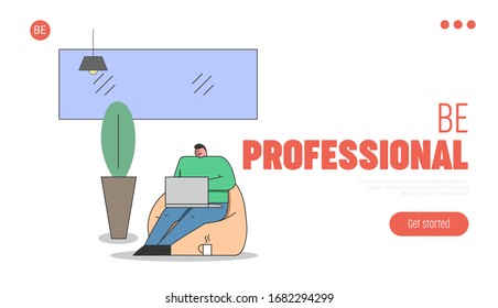 Concepto de oficina creativa. Página de inicio del sitio web. El Personaje Está Trabajando En Portátil En Sillón. Desarrollo De Soluciones Y Administración De Empresas. Dibujo del vector plano de esquema lineal de dibujo