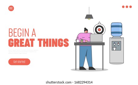 Concepto de oficina creativa. Página de inicio del sitio web. La Mujer Está Trabajando A Pie En El Portátil Y Tomando Café. Establecimiento Y Logro De Los Objetivos. Dibujo del vector plano de contorno lineal plano de caricatura
