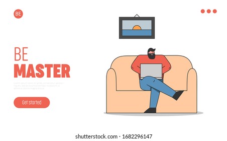 Creative Office Konzept.Website Landing Page. Freiberufler, Fernarbeit und Selbstständigkeit. Der Charakter arbeitet im Büro an Laptop. Cartoon Linear Outline Flat Style. Vektorillustration-Illustration