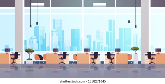 creative office co-working center empty no people workspace with furniture modern cabinet interior flat horizontal vector illustration