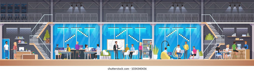 Creative Office. Co-working Center In Loft Style. Young People Working On Laptops In Co-working Area. Workers Sitting At Computers In Modern Open Space Or Shared Workspace. Vector Illustration