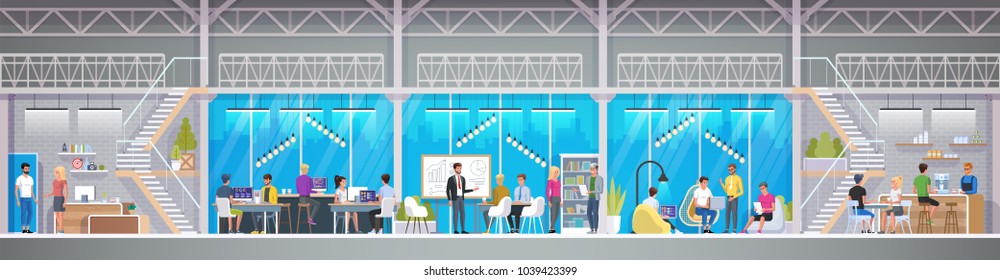 Creative Office Co-working Center in loft style. Smiling young people working on laptops in co-working area. Male and female freelance workers in modern open space or workplace. Vector illustration