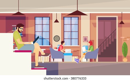 Creative Office Co-working Center People Sitting Desk Working Together, Man Use Laptop Computer, Students University Campus Vector Illustration