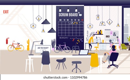 Creative Office Co-working Center. Shared working environment. University Campus. People talking and working at the computers in the open space office. Modern Workplace. Flat Vector Illustration