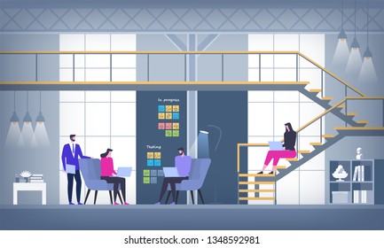 Creative Office Co-working Center. Shared working environment. University Campus. People talking and working at the computers in the open space office. Modern Workplace. Flat Vector Illustration