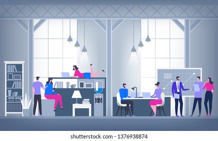 Creative Office Co-working Center. Shared working environment. University Campus. People talking and working at the computers in the open space office. Modern Workplace. Flat Vector Illustration