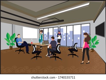 Creative Office Co-working Center. Shared working environment. People talking and working at the computers in the open space office. Modern Workplace. Flat Vector Illustration 