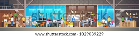Creative Office Co-working Center. Shared working environment. University Campus. People talking and working at the computers in the open space office. Modern Workplace. Flat Vector Illustration