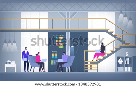 Creative Office Co-working Center. Shared working environment. University Campus. People talking and working at the computers in the open space office. Modern Workplace. Flat Vector Illustration