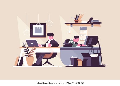 Creative office co-working center vector illustration. People working at the computers in the open space office flat style design. Work position interior. Modern workplace concept