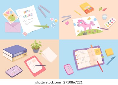 Vista superior de artículos creativos y de escritorio de oficina. Tarjeta de cumpleaños que hace, niños que pintan con acuarela y lápices, escritorio de oficina con carpetas y planta, planificador con notas pegajosas. Ilustración vectorial plana.