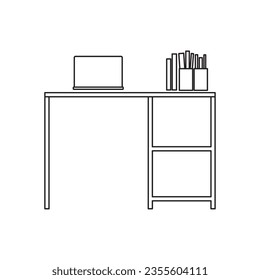 creative office desk workspace icon, office interior employee executive line back workspace desk  vector icon design, wooden workspace desk  for work space, modern office armchair in black outlines.