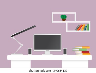 Creative office desktop workspace. Flat design vector mock up.