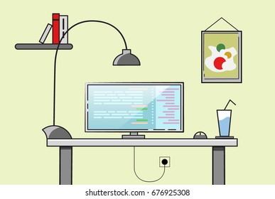Creative office desktop workspace. Yellow vector mock up
