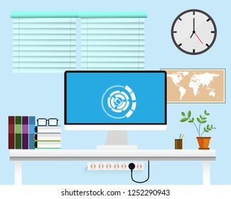 Creative office flat design model  workplace in room  cyan wallpaper. 