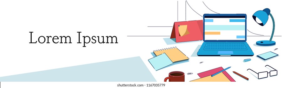 creative office home workplace laptop lamp smartphone calendar glasses paper sheet note stationary desk business elements horizontal banner copy space flat vector illustration