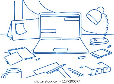creative office home workplace laptop lamp smartphone calendar glasses paper sheet note stationary desk business elements horizontal sketch doodle vector illustration