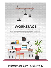 Creative office interior in loft space with white vintage brick wall. Modern cozy workspace with wooden table, laptop, desk lamp, book shelf, folders, plants, clock etc. Vector illustration.