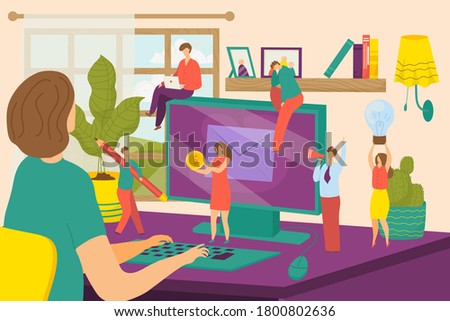 Creative office people characters at work on computer concept, vector illustration. Business abstract analysis design. Man woman cartoon employees. Company group activity with electric data device.