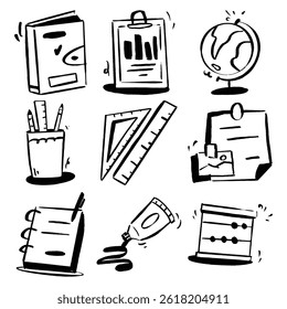 Creative Office and Study Icon Set in Handdrawn Doodle Sketch Style