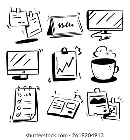 Creative Office and Study Icon Set in Handdrawn Doodle Sketch Style