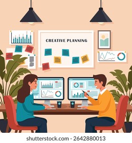 Oficina creativa Trabajo en equipo y planificación de negocios Ilustración Diseño de Vectores