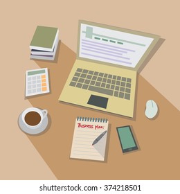 Creative Office Work Space. Flat Style Modern Design Concept. Various Business Work Flow Items, Elements, and Equipment. Vector Illustration