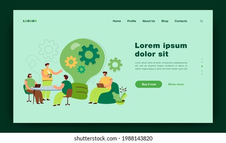 Creative office workers discussing ideas in team isolated flat vector illustration. Cartoon people sitting at desk, meeting, brainstorming and coworking. Business, cooperation and teamwork concept