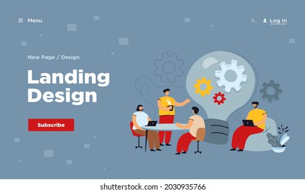 Creative office workers discussing ideas in team isolated flat vector illustration. Cartoon people sitting at desk, meeting, brainstorming and coworking. Business, cooperation and teamwork concept