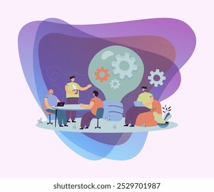 Creative office workers discussing ideas in team isolated flat vector illustration. Cartoon people sitting at desk, meeting, brainstorming and coworking. Business, cooperation and teamwork concept