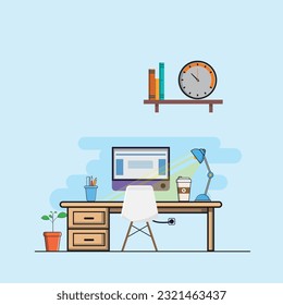 Creative office, a workplace with a computer. 
The student's home place. Learning at home. 
books, coffee cup, a lamp. Vector illustration of a flat